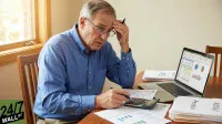 A senior man in a blue button-down shirt and glasses sits at a wooden table, looking stressed with his hand on his forehead while holding a pen. He is using a calculator, with various financial papers, a laptop displaying spreadsheets and charts, and files labeled 'IRS,' 'Pension,' and '401(k)' spread across the table. A window is visible to the left.