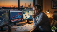 A man with a beard, wearing a light blue shirt, sits at a desk in front of three computer monitors. He looks intently at the screens, his hands clasped under his chin. The central monitor displays a red and blue line graph titled 'GLOBAL ENERGY CRUDE & NATURAL GAS - 2025-2026' with a news ticker about the Strait of Hormuz. The right monitor shows a map of the Middle East. Papers with charts and graphs are scattered on the desk. In the background, an industrial port scene with ships and refinery structures is visible through a large window at dusk.