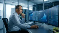 Side profile of a middle-aged man with short gray hair and a light blue collared shirt, seated at a desk and intently looking at multiple computer monitors. His left hand is resting on his chin in a thoughtful pose, and his right hand is on a computer mouse. The monitors display blue-themed financial graphs and data, with one screen prominently showing 'AI INFRASTRUCTURE CAPEX GROWTH.' In the background, blurred server racks with blue indicator lights suggest a data center environment.