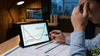 A person, wearing a light blue shirt, is seen from the right side, with one hand pressed against their forehead in a gesture of concern. Their other hand holds a black pen, pointing at a graph displayed on a tablet. The graph shows a red line declining, labeled 'Investment Phase (Negative Cash Flow)', and a green line curving upwards, labeled 'Revenue Realization (Backlog Conversion)', with an intersection point. In the background, a monitor displays financial charts, a desk lamp illuminates a wooden wall, and city buildings are visible through a window.