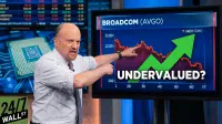 A bald man with a beard, Jim Cramer, wearing a light blue checkered shirt and tie, points intensely with both hands at a large dark blue screen. The screen displays 'BROADCOM (AVGO)' at the top, a red line stock chart, a large bright green upward-pointing arrow, and the white text 'UNDERVALUED?'. In the blurry background to the left, a large computer chip is visible, along with a blue digital ticker board showing financial data. A '24/7 WALL ST' logo is in the bottom left corner.
