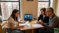 Three people sit at a wooden table in an apartment, facing each other in discussion. A young woman with long brown hair, wearing a white t-shirt, holds papers on the left. Across from her, an older woman in a blue top and an older man in a grey sweater gesture as they speak. Between them, a silver laptop displays a video call with Dave Ramsey. Through a large window behind them, a view of city buildings with fire escapes is visible.