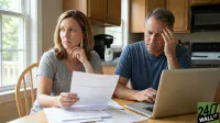 A distressed couple sits at a wooden kitchen table. The woman on the left, wearing a gray t-shirt, holds papers and rests her chin on her hand, looking thoughtful. The man on the right, in a blue t-shirt, leans over a silver laptop with his hand on his forehead, looking worried. Scattered papers lie on the table, with a window to the left and kitchen cabinets and appliances in the background.