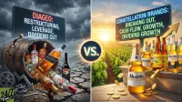 A split image depicting two contrasting scenes. On the left, under a dark, stormy sky, a broken wooden barrel spills various bottles of liquor onto cracked ground, accompanied by gears, wrenches, and a downward arrow. A billboard above reads "DIAGEO: RESTRUCTURING, LEVERAGE, DIVIDEND CUT." On the right, under a bright, sunny sky with a vineyard in the background, bottles of Modelo, Corona, and other beers stand on a stone ledge, surrounded by falling gold coins and an upward arrow. A billboard above reads "CONSTELLATION BRANDS: BREAKING OUT, CASH FLOW, GROWTH, DIVIDEND GROWTH." A "VS." emblem is centered between the two scenes.