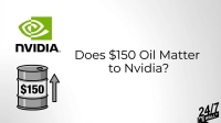 An illustration on a white and light grey gradient background. On the top left is the green Nvidia logo with its name in black text below it. Below the logo, a grey oil barrel marked with a '$150' label is depicted next to a tall grey upward-pointing arrow. To the right, black text asks: 'Does $150 Oil Matter to Nvidia?'. In the bottom right corner, a black and white '24/7 WALL ST' logo is present.