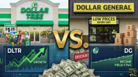 A split image comparing Dollar Tree and Dollar General. On the left, a Dollar Tree store with 'EVERYTHING $1.25' signs, a shopping cart full of products, and a green 'GROWTH' stock chart for DLTR. On the right, a Dollar General store with 'LOW PRICES EVERY DAY' signage, boxes with dollar signs, and a green 'INCOME YIELD: 1.74%' stock chart for DG. A large gold 'VS.' is in the center, above a pile of hundred-dollar bills and a 'DISCOUNT' bin.
