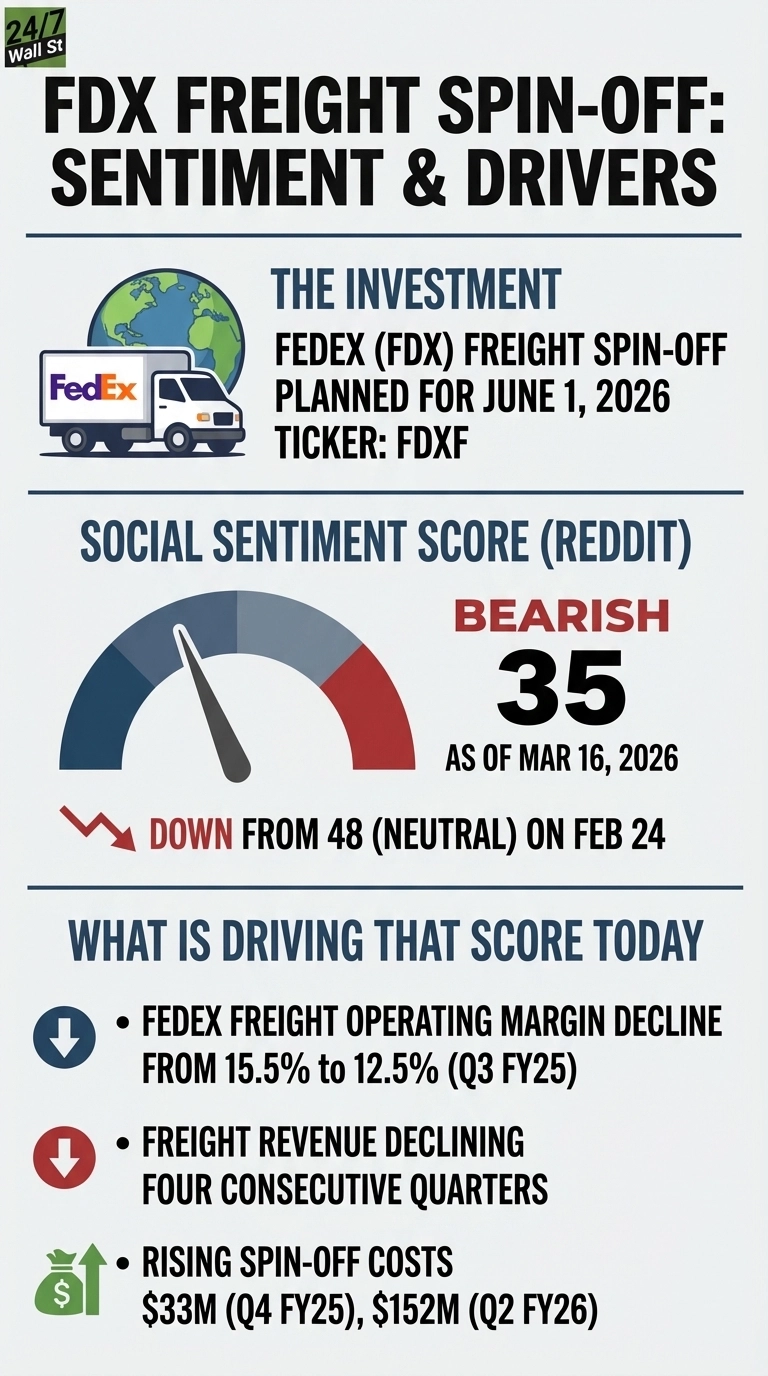 An infographic titled 'FDX FREIGHT SPIN-OFF: SENTIMENT & DRIVERS'. The top section, 'THE INVESTMENT', features an illustration of a FedEx delivery truck in front of a globe, stating the FedEx (FDX) Freight spin-off is planned for June 1, 2026, with ticker FDXF. The middle section, 'SOCIAL SENTIMENT SCORE (REDDIT)', displays a gauge indicating 'BEARISH 35' as of Mar 16, 2026, with an arrow pointing down from 48 (Neutral) on Feb 24. The bottom section, 'WHAT IS DRIVING THAT SCORE TODAY', lists three bullet points with icons: a red down arrow for 'FedEx Freight operating margin decline from 15.5% to 12.5% (Q3 FY25)' and 'Freight revenue declining four consecutive quarters', and a green up arrow next to a money bag for 'Rising spin-off costs $33M (Q4 FY25), $152M (Q2 FY26)'.