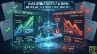 A glowing digital graphic with a dark blue background, depicting a market analysis titled 'BofA Reinstates F & RIVN: Regulatory Shift Divergence' as of March 4, 2026. The left side, representing Ford (F), shows a green upward trend graph with a 'Buy Rating' and '$17 Target Price', along with positive metrics like 'Ford Pro Strength: $7.5B EBIT (2026)' and '4.5% Yield', accompanied by policies with green checkmarks. The right side, representing Rivian (RIVN), shows a red downward trend graph with an 'Underperform Rating' and '$14 Target Price', detailing negative metrics like 'Cash Burn: $3.58B (Year-End 2025)' and 'EV Credit Expired (Sep 2025)', alongside policies with red X marks. A central, glowing blue scale with a government building icon labeled 'Regulatory Shift' balances the diverging market paths.