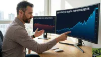 A man with a beard and a checkered shirt sits at a wooden desk, pointing with his right hand at a monitor displaying an upward-trending blue graph labeled 'QQQ NASDAQ-100 GROWTH - COMPOUNDING RETURN.' To his left, another monitor shows a downward-trending red graph labeled 'HIGH YIELD INCOME FUND - MONTHLY PAYOUTS.' A white keyboard and mouse are on the desk, and city buildings are visible through a window in the background. A '24/7 WALL ST' logo is visible in the bottom right corner of the image.