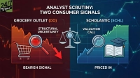 An infographic titled 'Analyst Scrutiny: Two Consumer Signals' is split into two halves. The left, dark red side shows a graph with a downward trend, a shopping cart, and a magnifying glass, labeled 'Grocery Outlet (GO)' with 'Structural Uncertainty' and 'Bearish Signal'. The right, dark blue side shows a graph with an upward trend, a magnifying glass, an open book, and a graduation cap, labeled 'Scholastic (SCHL)' with 'Valuation Call' and 'Priced In'. A set of balancing scales is positioned in the center between the two sections.