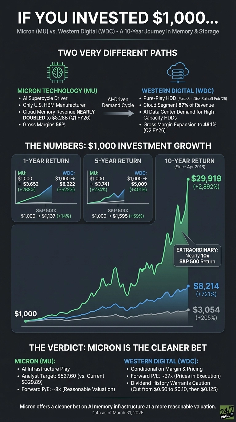 An infographic titled 'If You Invested $1,000...' comparing Micron (MU) and Western Digital (WDC) over a 10-year journey in memory and storage. It is divided into three main sections. The first section, 'Two Very Different Paths,' highlights company specifics for Micron Technology (MU) including being an AI Supercycle Driver and the only U.S. HBM Manufacturer, with cloud memory revenue nearly doubled to $5.28B (Q1 FY26) and 56% gross margins. For Western Digital (WDC), it notes its pure-play HDD focus post-SanDisk spinoff (Feb '25), 87% cloud segment revenue, and 46.1% gross margin expansion (Q2 FY26), both influenced by an AI-Driven Demand Cycle. The second section, 'The Numbers: $1,000 Investment Growth,' shows returns over 1, 5, and 10 years. For 1-year, MU grew to $3,652 (+265%), WDC to $6,222 (+522%), and S&P 500 to $1,137 (+14%). For 5-year, MU grew to $3,741 (+274%), WDC to $5,009 (+401%), and S&P 500 to $1,595 (+59%). A large line chart displays 10-year returns from an initial $1,000 since April 2016: Micron reached $29,919 (+2,892%), Western Digital reached $8,214 (+721%), and the S&P 500 reached $3,054 (+205%). Micron's 10-year return is labeled 'EXTRAORDINARY: Nearly 10x S&P 500 Return.' The final section, 'The Verdict: Micron is the Cleaner Bet,' lists Micron's attributes as an AI Infrastructure Play with an analyst target of $527.60 (vs. current $329.89) and a forward P/E of ~8x (reasonable valuation). Western Digital's points include conditional reliance on margin and pricing, a forward P/E of ~27x (prices in execution), and dividend history caution (cut from $0.50 to $0.10, then $0.125). A concluding statement reads: 'Micron offers a cleaner bet on AI memory infrastructure at a more reasonable valuation.' All data is as of March 31, 2026.