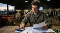 A young man with a serious expression, wearing a dark green work jacket, sits at a rustic wooden table. He is looking down at a calculator, pressing buttons with his left hand, and holding financial papers in his right hand. Several documents are laid out on the table. In the blurry background, black and white dairy cows are visible in their stalls inside a barn, and an orange farm wagon is to the left.