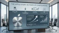 A large screen in a modern office with floor-to-ceiling windows displays an infographic. The screen shows a timeline of Apple's history, starting with its 1980 IPO, moving through its 1990s challenges, the 2001-2010 product boom, and a 2026 outlook for services. A prominent metallic Apple logo is displayed below, next to sections detailing a 10-year investment return and key financial metrics for FY2026. The office features black swivel chairs and a wooden table.