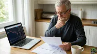 An older man with grey hair and glasses sits at a wooden table, holding and reading several white papers with a contemplative expression, his left hand touching his chin. To his left, an open silver laptop displays a dark screen with a red and green stock market chart showing a significant downturn. A white coffee mug with residual liquid sits on the table to his right. The background shows a bright window with greenery and a modern kitchen.