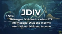 A digital graphic featuring the ticker 'JDIV' in large white letters over a glowing blue globe. In the background, there are blurred financial charts and currency symbols like the Euro and Dollar. To the left, a gauge shows '1.59% Yield' and text stating 'vs. 10-Yr Treasury: 4.28%'. Below JDIV, the text reads 'JPMorgan Dividend Leaders ETF' and 'International Dividend Income' twice. The bottom right corner shows the '24/7 WALL ST' logo.