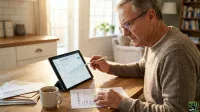 A man with glasses and a gray sweater sits at a wooden table, looking at a black tablet displaying a financial chart. His right hand holds a white stylus pointing at the tablet screen, while his left hand rests on a white sheet of paper with handwritten financial notes including '10-YR TREASURY' and '1.5% YIELD'. A white coffee mug and a stack of envelopes are also on the table. Sunlight streams in from a window in the background, illuminating a kitchen or dining area.