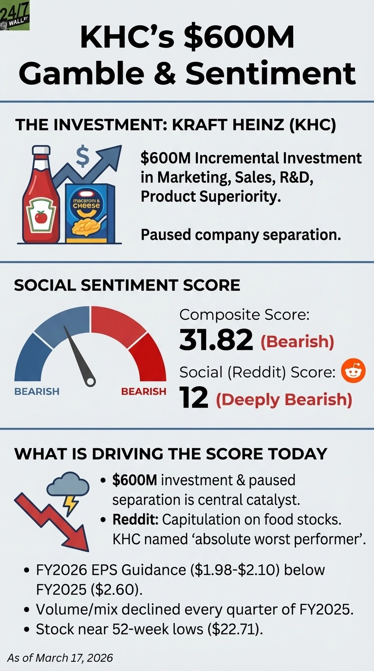An infographic titled 'KHC's $600M Gamble & Sentiment' as of March 17, 2026, from 24/7 WALL ST. The top section, 'THE INVESTMENT: KRAFT HEINZ (KHC)', features an illustration of a ketchup bottle and a macaroni & cheese box with a dollar sign and an upward arrow, indicating a $600M incremental investment in marketing, sales, R&D, and product superiority, along with a paused company separation. The middle section, 'SOCIAL SENTIMENT SCORE', displays a gauge showing a needle pointing to the red 'BEARISH' zone. The composite score is 31.82 (Bearish), and the Social (Reddit) Score is 12 (Deeply Bearish), accompanied by a Reddit logo. The bottom section, 'WHAT IS DRIVING THE SCORE TODAY', lists factors with a red downward arrow icon: the $600M investment and paused separation as a central catalyst, Reddit's 'capitulation on food stocks' naming KHC an 'absolute worst performer', FY2026 EPS Guidance ($1.98-$2.10) below FY2025 ($2.60), volume/mix declining every quarter of FY2025, and the stock being near 52-week lows ($22.71).