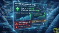 A translucent blue holographic display shows Kontoor Brands (KTB) Q4 2025 Earnings Scorecard against a denim background with glowing lines of code. The scorecard prominently features EPS of $1.73 (BEAT) and Revenue of $1.018B (BEAT), indicated by an upward green arrow and celebratory confetti. Sections below detail 'REVENUE PERFORMANCE' (A- grade with a bar chart showing growth from 2019-2025), 'EARNINGS BEAT/MISS' (B+ grade with a line graph showing 8 straight beats), and 'PROFIT MARGINS: SG&A SURGE' (C- grade with a warning sign and 7.5% Operating Margin). 'CASH GENERATION' is rated C+ and 'FORWARD GUIDANCE' is C?. A digital clock shows approximately 8:44 and the date is 'TUESDAY, MARCH 3, 2026'. The '24/7 WALL ST' logo is visible in the bottom right corner.