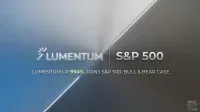 A graphic with a brushed metallic background split diagonally, transitioning from a lighter blue-gray on the left to a darker gray on the right. On the left, the Lumentum logo and name appear in white, and on the right, 'S&P 500' is displayed. Below, the text 'LUMENTUM UP 994%, JOINS S&P 500: BULL & BEAR CASE' is shown in white, with '994%' highlighted in green. The 24/7 Wall St logo is in the bottom right corner.