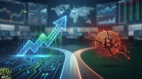 A split digital graphic showing a bright blue and green upward arrow labeled 'MARA' on the left, emerging from a circuit board pattern. On the right, a cracked, glowing orange Bitcoin symbol descends with downward arrows, also connected to circuit patterns. Two glowing paths diverge in the center. The background features blurred trading monitors and a world map, suggesting global financial markets. A '24/7 WALL ST' logo is in the bottom left corner.