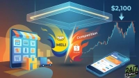 An illustration features a vibrant blue and orange scene. On the left, a large smartphone displays an e-commerce app with various icons, alongside a package and a delivery truck, representing online shopping and logistics. In the center, two opposing fiery emblems represent MELI (yellow and blue with handshake logo) and Shopee (orange and red with 'S' shopping bag logo), separated by a lightning bolt and labeled 'Competition.' On the right, a stock candlestick chart shows price movements, with a $2,100 value and a downward arrow pointing to a red horizontal resistance line. Below the chart, another smartphone displays a banking app. The overall composition suggests a dynamic and competitive market environment for MELI.