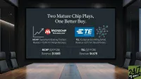A large screen in a modern, dimly lit conference room with a polished wooden table and black office chairs. The screen displays a presentation slide titled 'Two Mature Chip Plays, One Better Buy.' On the left, for Microchip Technology (MCHP), there's a logo, an upward-trending line graph, and text stating 'MCHP: Turnaround Gaining Traction. Revenue +15.6% YoY. Margin Recovery.' Below it reads 'MCHP (Q3 FY26) Revenue: $1.186B.' On the right, for TE Connectivity (TEL), there's a logo, a network graph, and text stating 'TEL: Compounder Hitting Stride. Revenue +22% YoY. Record Orders.' Below it reads 'TEL (Q1 FY26) Revenue: $4.67B.' A '24/7 WALL ST' logo is visible in the bottom right corner of the image.