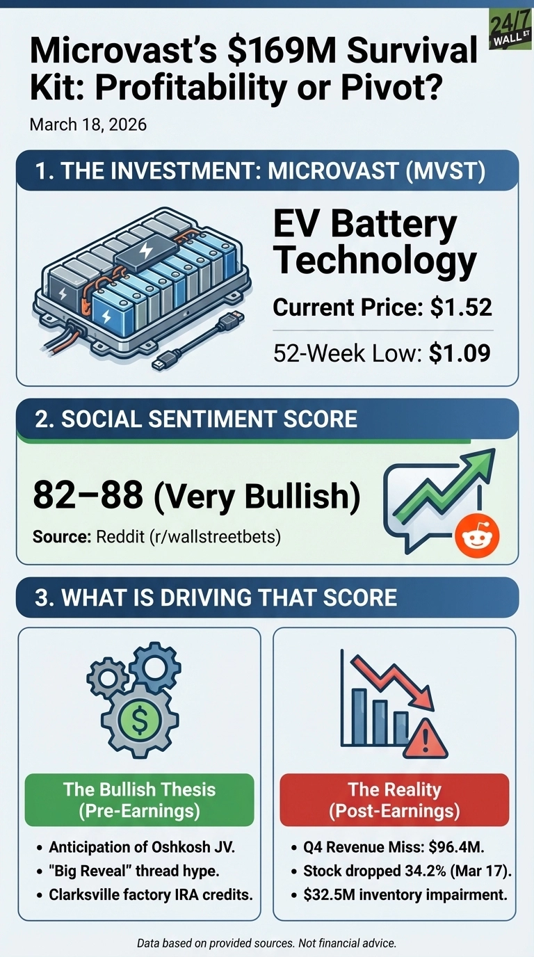 An infographic titled 'Microvast's $169M Survival Kit: Profitability or Pivot?' dated March 18, 2026, presents three sections. Section 1, 'The Investment: Microvast (MVST)', shows an EV battery pack illustration and states 'EV Battery Technology', 'Current Price: $1.52', and '52-Week Low: $1.09'. Section 2, 'Social Sentiment Score', displays '82-88 (Very Bullish)' from 'Source: Reddit (r/wallstreetbets)' alongside a green upward-trending line chart with a Reddit logo. Section 3, 'What Is Driving That Score', is split into two boxes: The left green box, 'The Bullish Thesis (Pre-Earnings)', lists 'Anticipation of Oshkosh JV.', '
