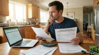 A thoughtful man in a blue t-shirt sits at a wooden table in a home kitchen, holding a pen to his chin while reviewing financial documents, including one titled 'MORTGAGE PAYOFF'. To his left, a laptop displays a green spreadsheet, and a calculator rests on the table amidst more papers, one of which is partially visible as 'AUTO LOAN'. The background features a bright kitchen window and wooden cabinets.