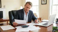 A gray-haired man in a dark blue blazer and light blue shirt sits at a brown wooden desk, holding a document in his left hand and black reading glasses in his right. He is focused on the document, with a black calculator and an open silver laptop on the desk alongside other papers. The background features a cream-colored wall, a large window, and a fireplace mantel.