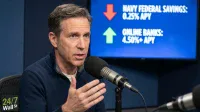 A man with short, greying hair and a dark blue quarter-zip sweater speaks into a large silver and black microphone, gesturing with his right hand. Behind him is a blue screen displaying text: 'NAVY FEDERAL FEDERAL SAVINGS: 0.25% APY' next to a red downward arrow, and 'ONLINE BANKS: 4.50%+ APY' next to a green upward arrow. A '24/7 Wall St' logo is visible in the bottom left corner.