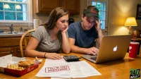 A young Caucasian couple sits at a wooden table in a home. The woman on the left, with long brown hair, rests her chin on her hand, looking intently at papers. The man on the right, wearing a black Chick-fil-A visor, has his hand on his forehead while typing on a silver Apple laptop. On the table are a calculator, several financial documents, one clearly stamped 'MORTGAGE PAID IN FULL' in red, a Chick-fil-A chicken sandwich and fries in a red container, and a red Chick-fil-A drink cup with a straw. The background shows a kitchen sink and cabinets on the left, and a living room with a lamp and armchair on the right.