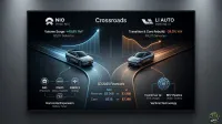 A graphic titled 'Crossroads' presents a split road concept for Nio and Li Auto. The left side, in blue, represents Nio with a silver SUV, highlighting 'Volume Surge: +40.8% YoY' and '87,071 Deliveries'. Below, it details 'Horizontal Expansion' through 'Battery-Swap' and brands: 'NIO (Premium)', 'ONVO (Mass-Market)', and 'FIREFLY (Entry)'. The right side, in orange, represents Li Auto with a silver sedan, indicating 'Transition & Core Rebuild: -39.0% YoY' and '93,211 Deliveries'. Below, it outlines 'Vertical Technology' including 'VLA Driver AI (91% Usage)' and 'BEV Pipeline (100k+ Orders)'. In the center, 'Q3 2025 Financials' are displayed, showing Nio's Revenue: $3.06B vs Li Auto's Revenue: $3.96B, and Nio's Cash: $5.1B vs Li Auto's Cash: $7.39B.