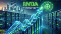 A futuristic digital illustration shows rows of glowing server racks in a data center, framed by a distant city skyline under a twilight sky. A prominent neon blue and green stock chart with an upward trend dominates the foreground, reaching towards an illuminated green brain overlaid with a circuit board design. Text prominently displays 'NVDA UNSTOPPABLE MOMENTUM AI INFLECTION POINT' in neon green and white, alongside a black banner proclaiming 'Fast Company MOST INNOVATIVE COMPANIES 2026'. The overall mood is dynamic and forward-looking, with bright digital light effects.