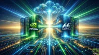 A futuristic digital artwork featuring two prominent server racks, one displaying the NVIDIA logo and the other the Marvell logo, positioned in a high-tech landscape. Bright blue and green light rays representing data streams flow between the data centers, across glowing circuit board patterns on the ground, and converge upwards into an ethereal cloud composed of binary code. The overall scene conveys advanced technology, connectivity, and data processing.