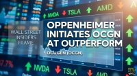 A financial graphic with large white text stating 'OPPENHEIMER INITIATES OCGN AT OUTPERFORM' and 'OCUGEN (OCGN)'. To the left, smaller text reads 'WALL STREET INSIDERS FRAME'. The background is a blurred digital stock market screen showing green upward arrows next to NVDA and AMD, and red downward arrows next to TSLA. A line graph is visible behind the main text. The '24/7 WALL ST' logo is in the bottom right corner.