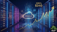 A vibrant digital graphic set in a futuristic server room with rows of glowing blue and purple server racks. A gold-outlined cloud logo with 'ORACLE' text is central, surrounded by streams of digital data, and icons representing AI and databases. A yellow stock market chart with an upward arrow indicates 'ORCL' and '$240' in the upper right, with the year '2026' marked along its path. The '24/7 Wall St' logo is in the bottom right corner.