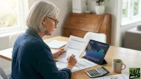 A senior woman with gray hair and glasses, wearing a blue shirt, sits at a light wooden table. She holds a 'Financial Report' and a pen, intently studying the documents. To her right, a tablet shows a stock chart for 'PFE' with a 'Dividend Yield 6.43%'. A calculator, a coffee mug, and other papers are on the table, with a bright window and blurred interior in the background.