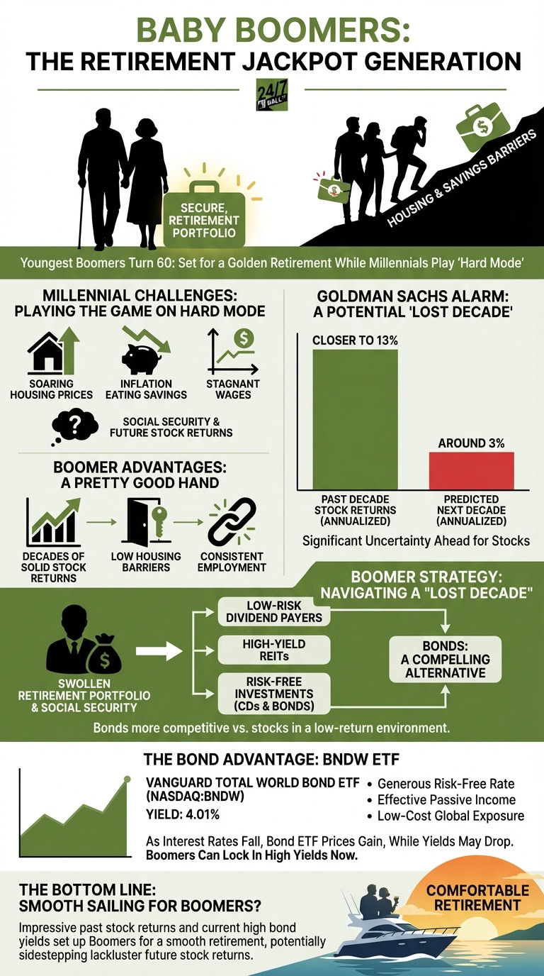 Infographic comparing Baby Boomer retirement advantages with Millennial economic challenges, featuring stock market return charts and investment strategies.