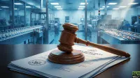 A wooden gavel rests on a stack of documents titled "DRUG PRICING POLICY LEGISLATION" and bearing an official seal. In the blurred background, a pharmaceutical manufacturing facility features conveyor belts carrying rows of small vials on the left and various colored pills on the right. The scene is brightly lit with a cool, blueish hue.