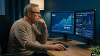 A thoughtful older man wearing glasses sits at a wooden desk in a dimly lit room, intently focused on two computer monitors displaying financial information. The left monitor shows a green line graph for SPLG, the S&P 500 ETF, with an upward trend. The right monitor displays headlines about 'OIL PRICES SURGE' and 'VOLATILITY' along with news articles and a red and yellow line graph indicating fluctuations. He has a pensive expression, with one hand resting near his chin and the other on a computer mouse. A black keyboard is also on the desk. A lamp is visible in the background on the left, and a 24/7 Wall St. logo is in the bottom right corner.
