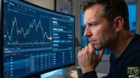 A middle-aged man, with short brown hair and a pensive expression, intensely gazes at a computer monitor displaying complex financial charts and data. The screen shows stock price movements with green and red candlesticks, a section for 'WEEKLY INCOME', and a 'PUT SPREAD' options table. The man's right hand is resting under his chin in a thoughtful pose, illuminated by the blue light from the monitor, suggesting deep concentration on market analysis.