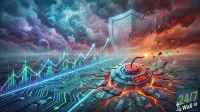 A dramatic digital landscape showing a path of glowing blue circuit board patterns on cracked ground leading to a bomb with a lit fuse and a timer displaying '0:00'. In the background, vibrant green and blue stock charts rise and fall against a stormy sky filled with various tech company logos like Apple, Google, and Meta. A large, cracked metallic shield stands defensively, with shattered pieces and financial tickers like 'TCK' and '$5.5K' exploding around it under an ominous red and orange sky, contrasted with a calmer blue sky on the left.