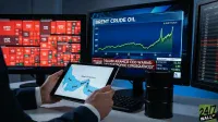 A person in a dark suit holds a tablet showing a map of the Strait of Hormuz with several oil tankers. In the background, three computer monitors display financial data. The left monitor shows a red stock market heatmap, while the center monitor displays a green upward-trending chart for Brent Crude Oil, a news ticker about 'Saudi Aramco CEO warns catastrophic consequences', and stock quotes. A small black oil barrel sits on the desk next to a keyboard.