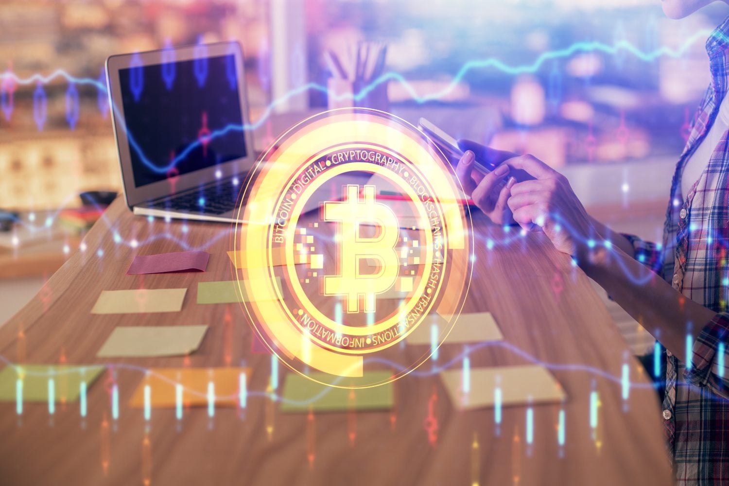 Double exposure of woman hands typing on computer and crypto market theme hologram drawing. Blockchain concept.