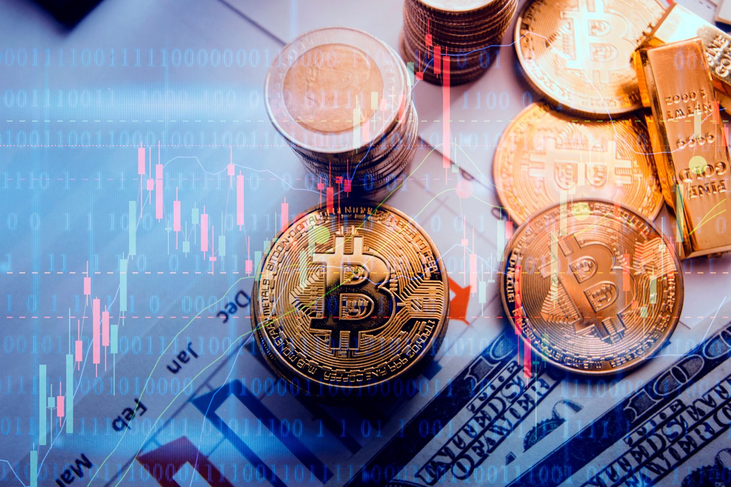 Bitcoin cryptocurrency coin with a gold bullion bar. Investment concept