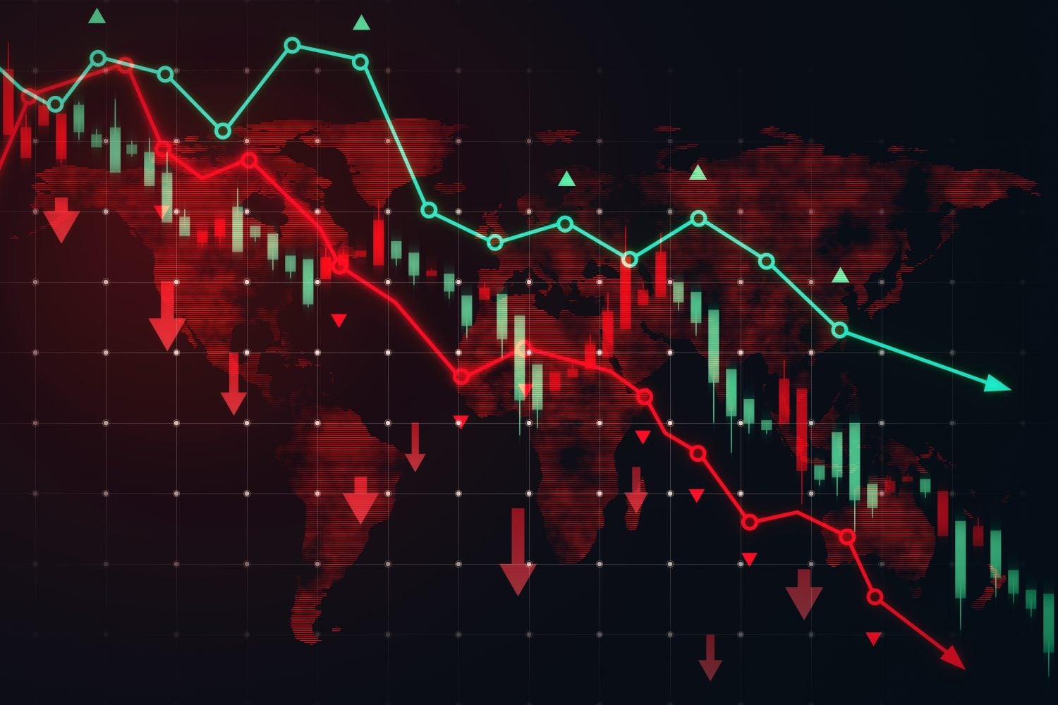 Creative falling red forex chart and map on dark backdrop. Trade and crisis concept. 3D Rendering