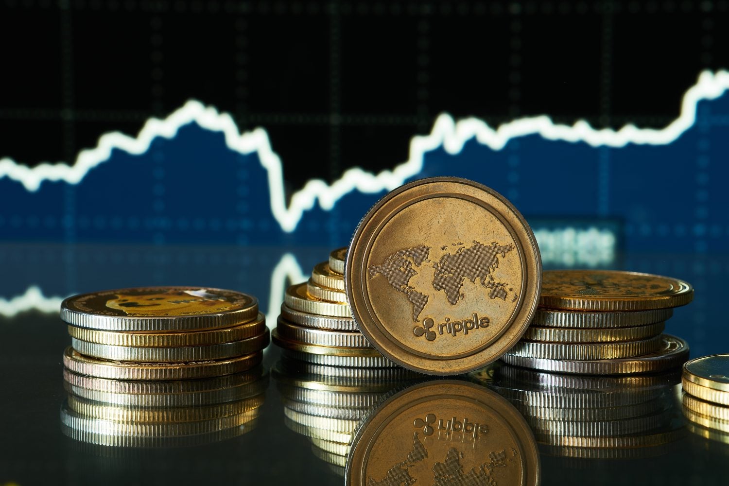 One Ripple coin in front of a stack, with a price chart in the background showing value fluctuations.