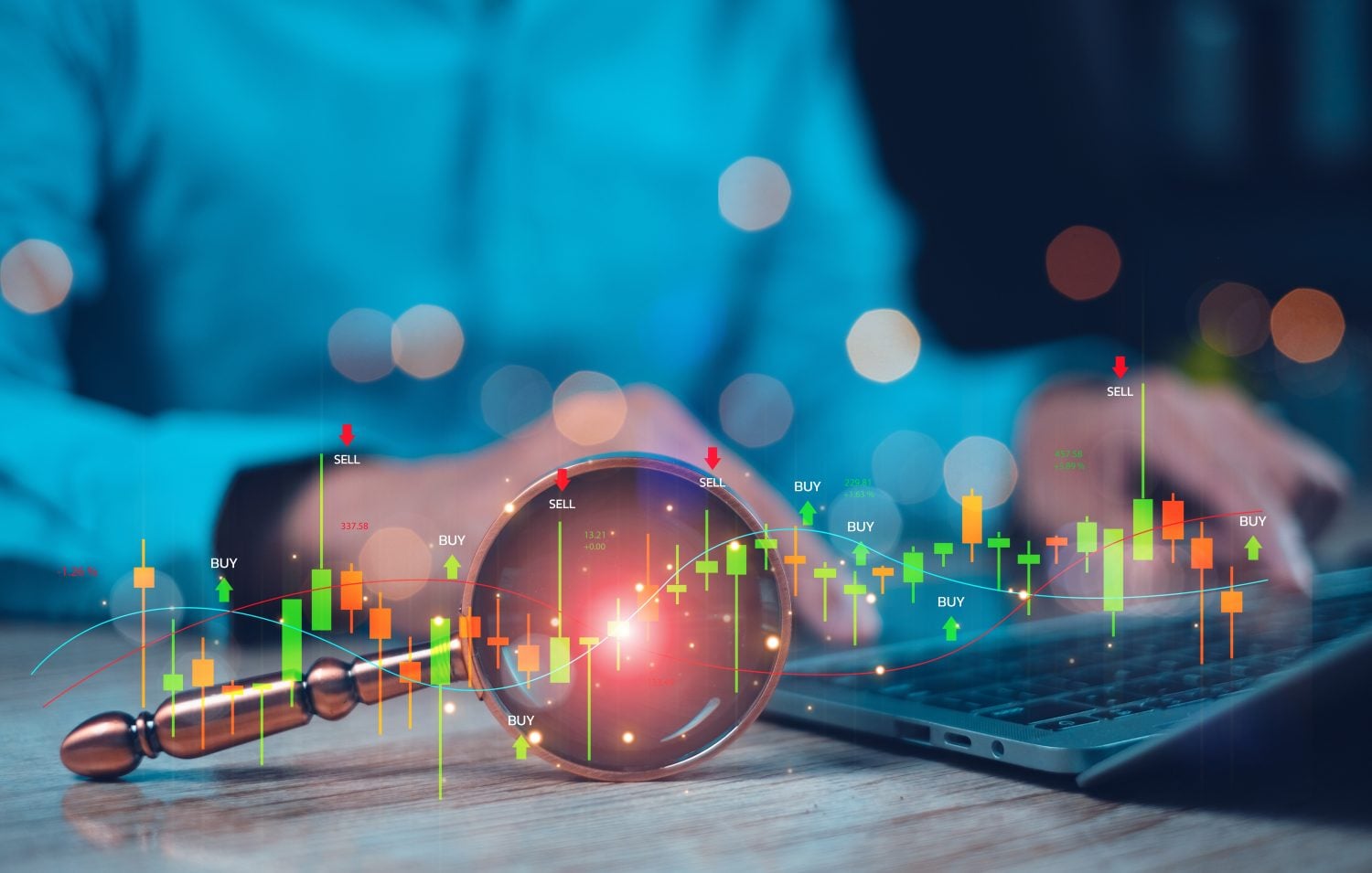 Person analyzing stock market candlestick chart with buy and sell signals using magnifying glass on a laptop. Financial trading and investment concept