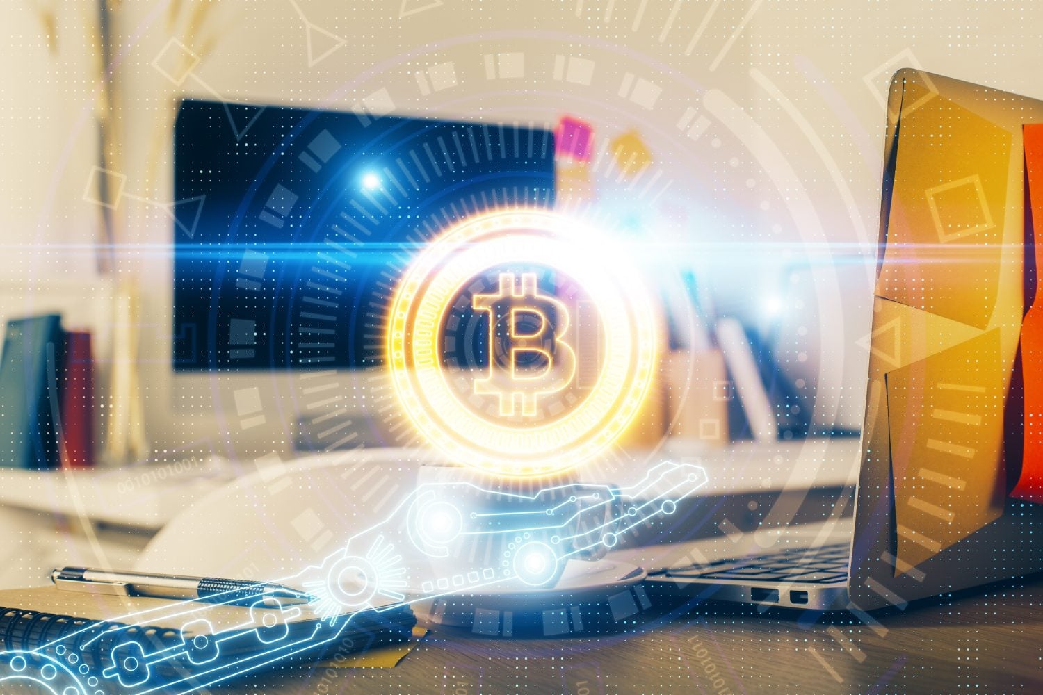 Multi exposure of blockchain and crypto economy theme hologram and table with computer background. Concept of bitcoin cryptocurrency.