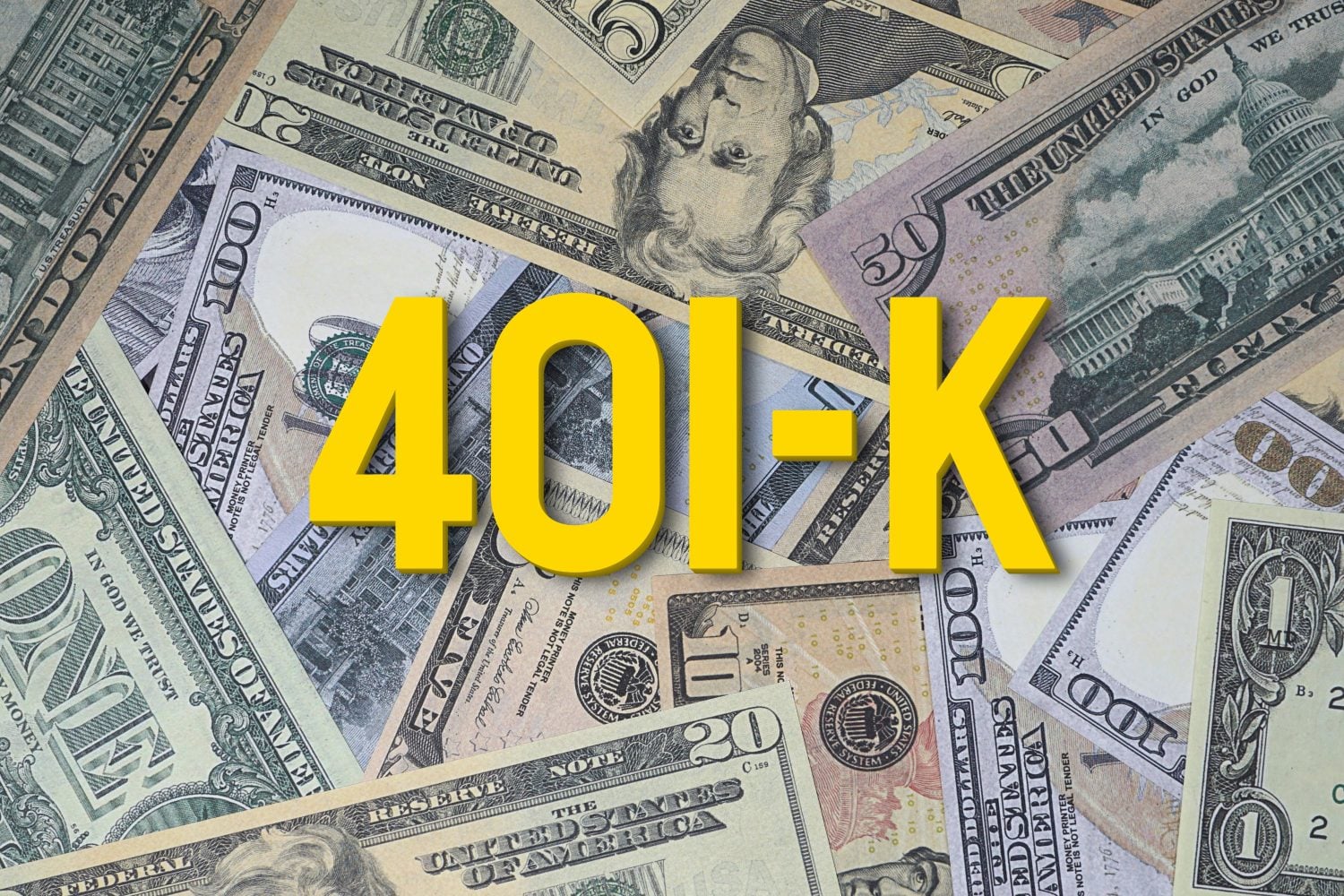 The characters 401-K in gold on overlaid on US currency. Financial planning and retirement concept.